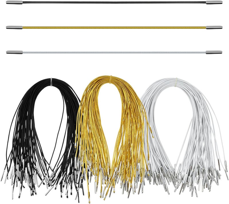 Catuy 150Pcs 11.8 Inch Elastic Barbed Cords with Metal Ends, 3-Color (Black/White/Gold) Soft Stretch Round Loop String, Versatile for Mask Making, DIY Crafts, Party Hats - Image 1